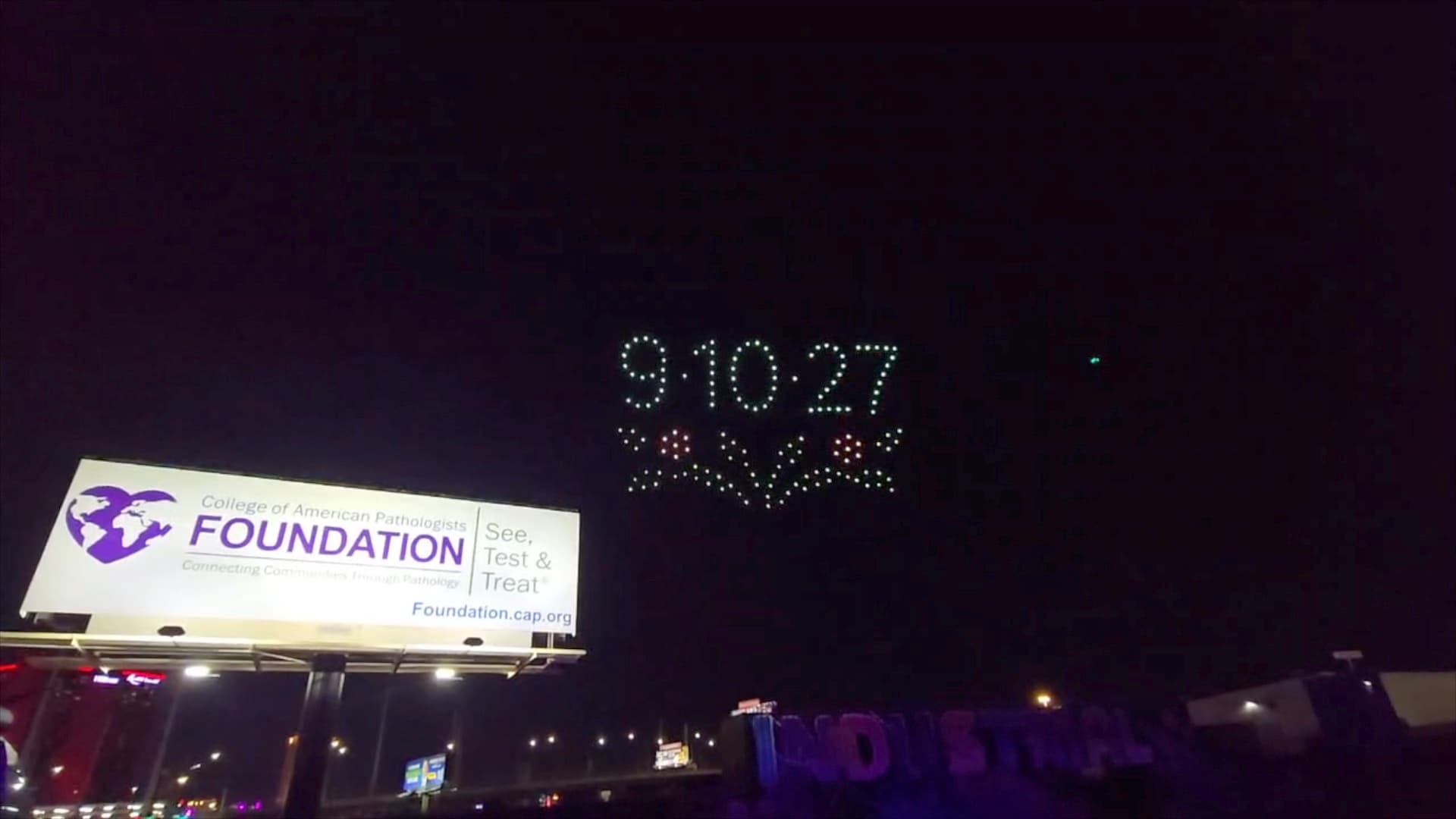 Drones form the numbers 9.10.27 over the INDUSTRIAL in Las Vegas