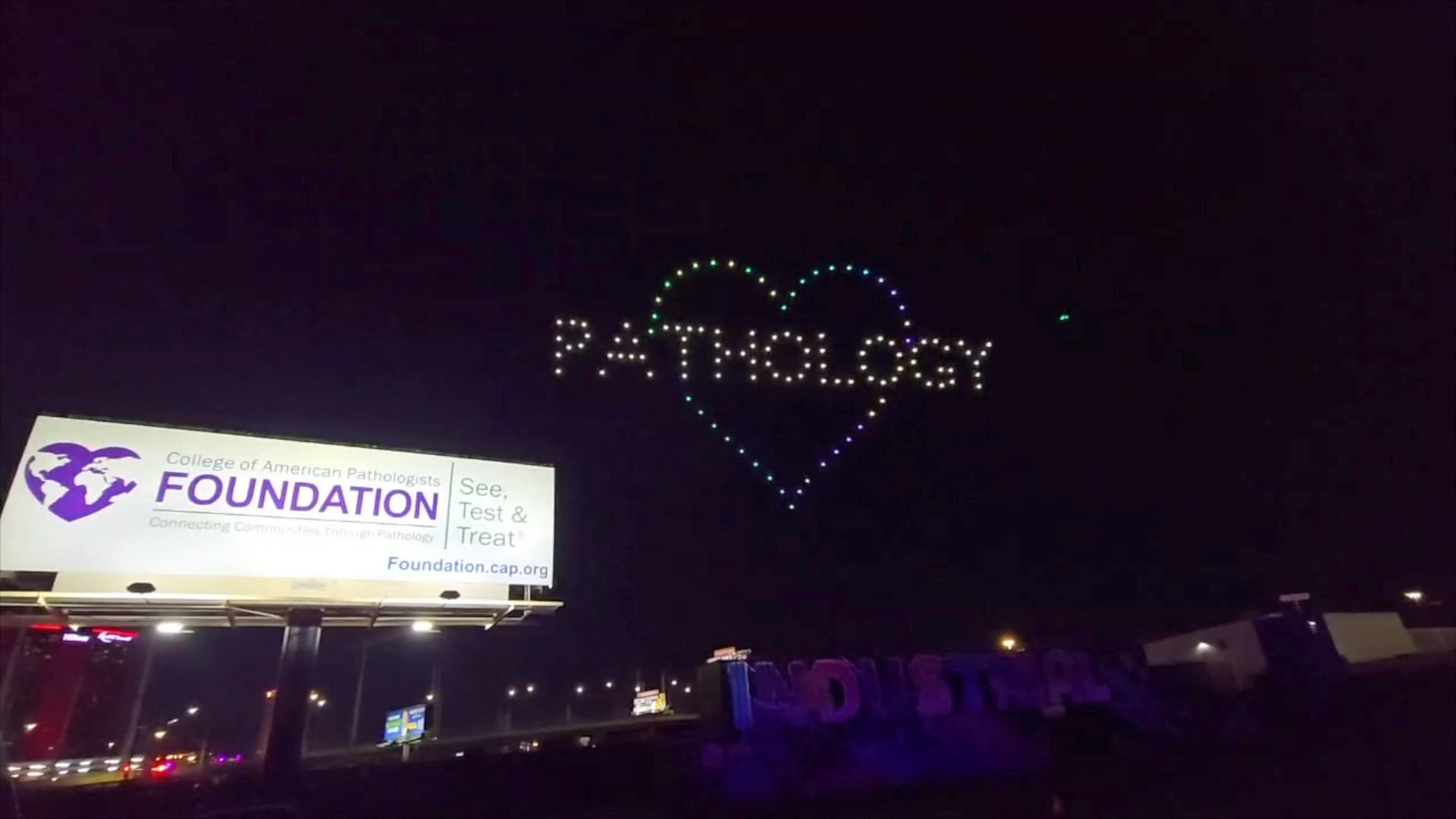 150 drones form a heart around the word Pathology above the INDUSTRIAL in Las Vegas