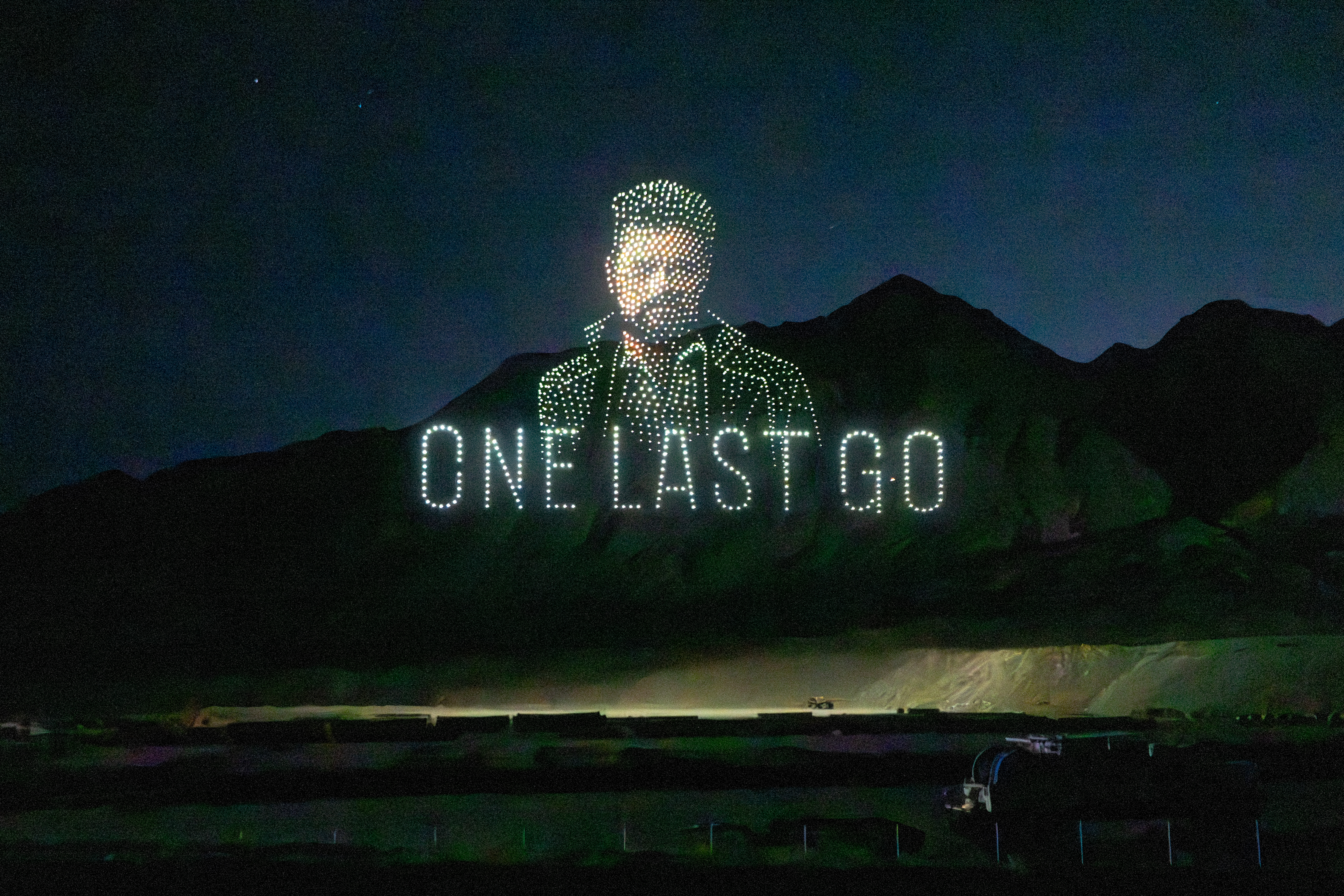 Drone formation portrait of Billy Butcher with the words One Last Go