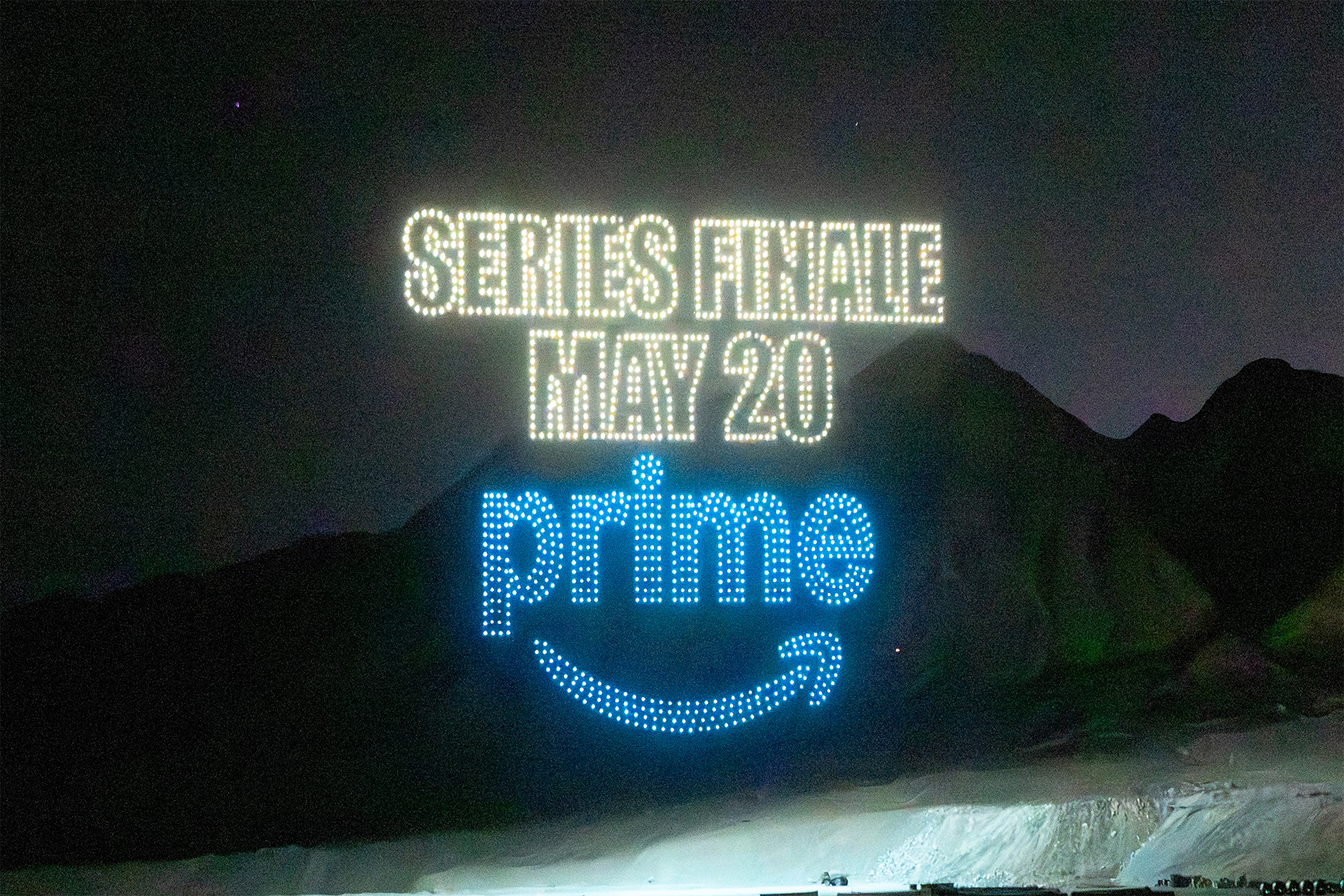 Drone formation reading Series Finale May 20 above the Amazon Prime logo